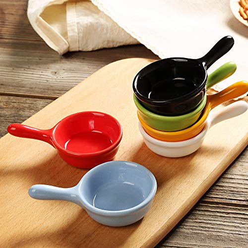 MonLiya 6 Pcs Ceramic Sauce Dishes Colorful Mini Bowl Set Ketchup Side Dish Tableware Condiment Relish Plate Seasoning Soy Sauce Dishes Stackable Ramekins with Grip Handle Dessert Bowls Set