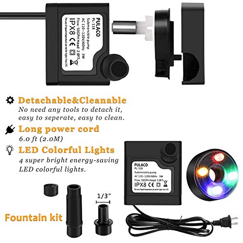 3Watt 50GPH Mini Submersible Pump with LED Light for Water Features, Fish Pond, Outdoor Fountain, Small Pools, Aquariums, Indoor Fountain Pumps, Home Décor Fountain