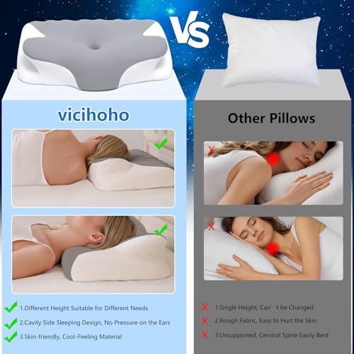 vicihoho Ergonomic Cervical Pillow, Neck and Shoulder Pillow, Suitable for Different Sleeping Postures, Size: 60 x 41 x 9/12 cm (Light Grey)