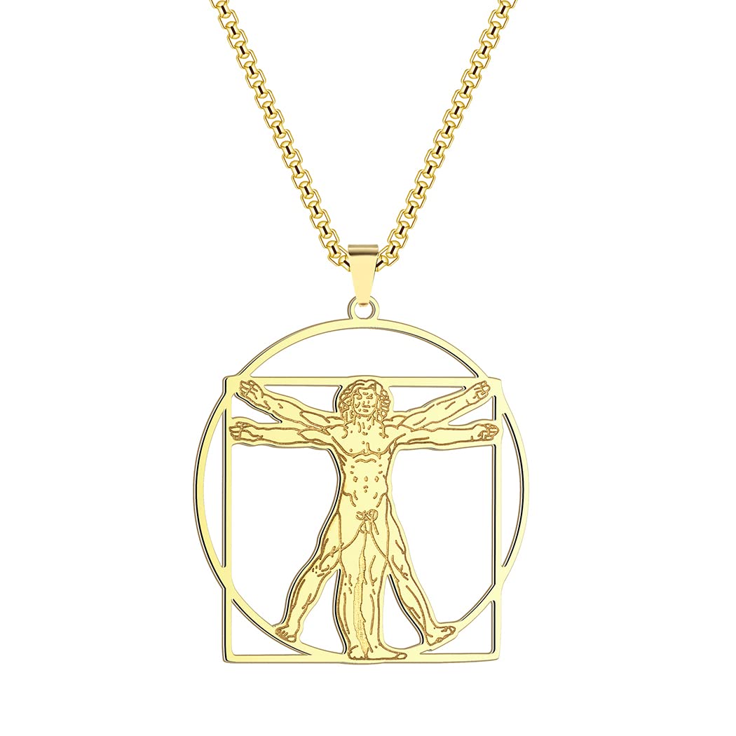 QIAMNI 316L Stainless Steel Men's Da Vinci Vitruvian Necklace/Leonardo Da Vinci Necklace/Da Vinci Pendant for Men Gifts (gold)