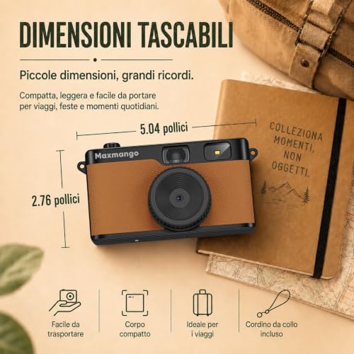Maxmango D53 Compact Digital Camera Without Screen, Vintage Retro Camera 12 MP Capture Real Moments, Downloadable DIY Filters, USB-C, 8 GB SD Card Included, Up to 4000 Photos (Brown)