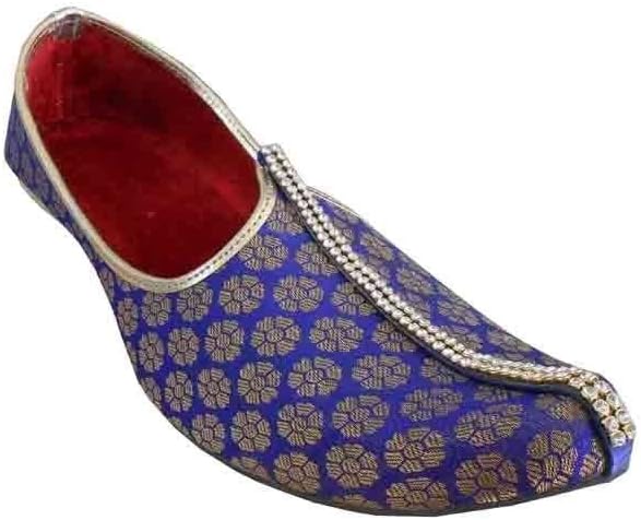 Kalra CreationsMen Mojari Indian Traditional Handmade Khussa Blue & Golden Sherwani Shoes