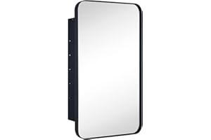 EGHOME Matt Black Rectangle Recessed Bathroom Medicine Cabinet with Mirror Stainless Steel Metal Framed Rounded Rectangular Bathroom Cabinet with Mirror 16.5x27.5''