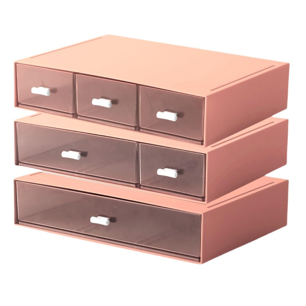 Stackable Desk Organizer with 6 Drawers, 3 Tier Plastic Desk Storage Box Desktop Drawers, Makeup Storage, Desk Organizer and Accessories (Pink)