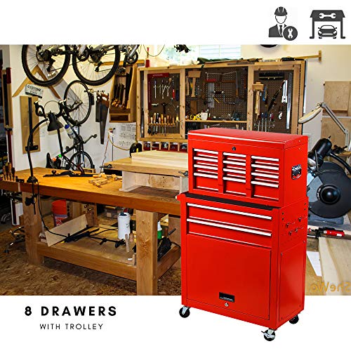 Big Tool Box,Rolling Tool Chest with Sliding Drawers,2 in 1 Tool Cabinet with 4 Swivel Wheels (2Pcs with Brake),Cold Rolled Steel,Red