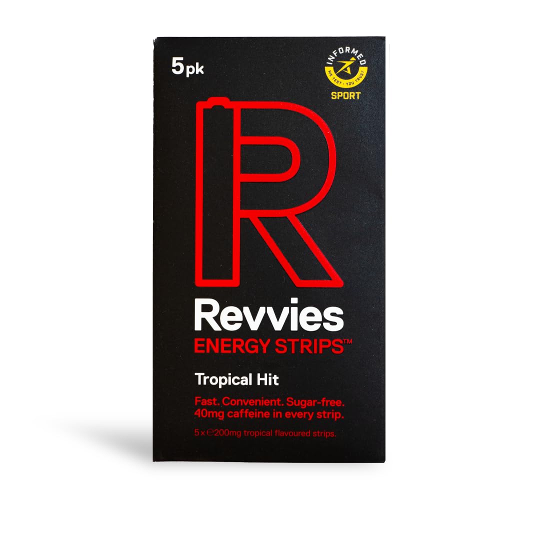 Revvies Energy Strips | Tropical Hit | 25 Strips | 40mg Caffeine Strip | 2 Strip = Coffee/Energy Drink | Less than 2 Calories | Vegan | 5 x 5PK…