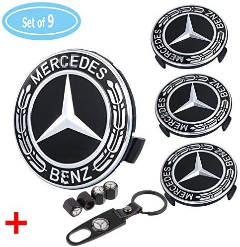 Fubai Auto Parts 4 Pack for Benz Wheel Center Caps Emblem-Black, 75mm Benz Rim Hub Cover Logo + 4 Pack Valve Covers Fit for Mercedes Benz All Models Benz Emblem