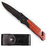 LotFancy Tactical Folding Pocket Knife with Leather Sheath, for Survival Hunting Rescue, Black Blade, 5-Inch Closed