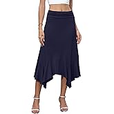 NILOUFO Women's Handkerchief Hemline Midi Skirt Summer Casual Flowy High Waisted Stretchy Skirts (Navy Blue, Medium)