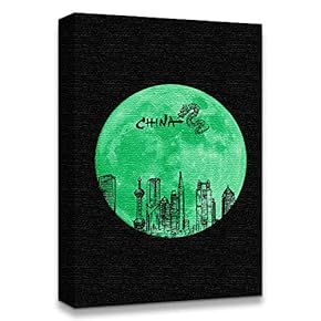 Canvas Wall Art Abstract Green Moon with Pop-up Black Pattern Painting Artwork for Home Prints Framed - 12x18 inches