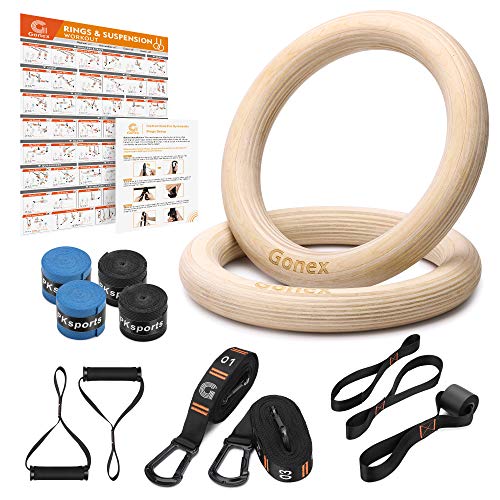 Gonex Wooden Gymnastic Rings with Adjustable Number Straps, Crossfit