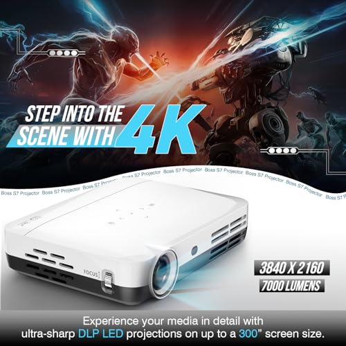 Boss Projector 4K S7 | 7000 Lumens, 3D Android Smart Projector - 3840x2160 Resolution, Free Projector Screen, Free Mount, 300" Display, Bluetooth & Wi-Fi - Home Theater