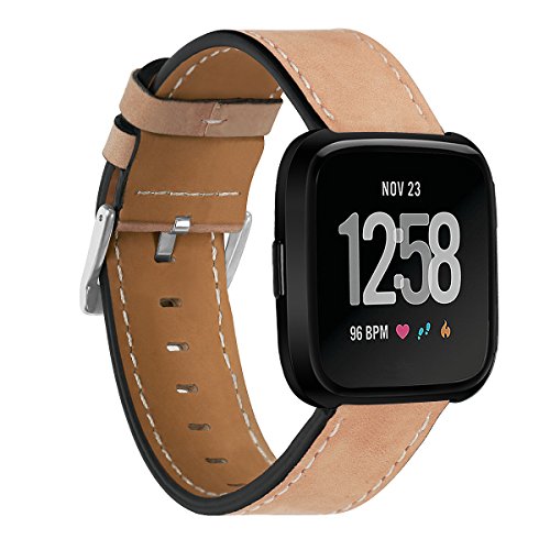 Leather Band for Fitbit Versa, UNEXTATI Genuine Leather Watch Replacement Strap with Metal Buckle, Fitbit Versa Wristband Accessories - Apricot