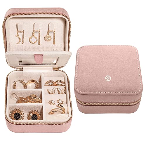S.Leaf Travel Jewelry Organizer Boxes for Women Small Portable Necklace Earrings Bracelet Rings Travel Case Best Friend Birthday Gifts for Women Trendy (05_Suede_Touch_Dust_Pink)