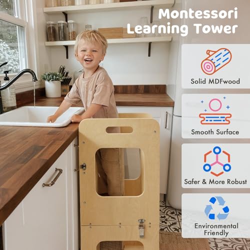 Labebe Montessori Children's Tower, 3 in 1 Folding Teaching Tower, Ladder Children's Stool with Blackboard, Montessori Wood Tower for Kitchen Utensils from 18 Months (Wood)