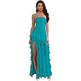 texbary Ruffles Prom Dresses for Women Strapless Asymmetrical Formal Party Gowns Long Evening Gown with Slit ZMX52