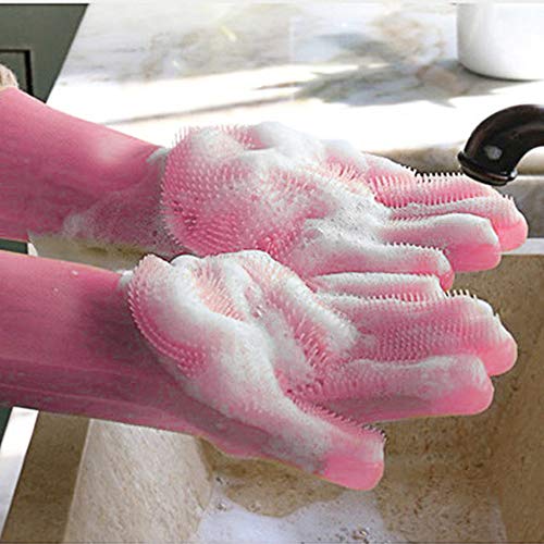 HOMCA Magic Silicone Gloves with Wash Scrubber, Magic Saksak Rubber Gloves Heat Resistant Reusable Silicone Gloves for Cleaning, Household, Dish Washing, Kitchen (13.6" Large,1 Pair,Pink)