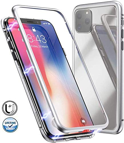 Go Crazzy Apple iPhone 11 6.1 Case Cover 2 in1 360º Magnetic Metal Bumper Transparent Tempered Glass Back & Front Cover Case for (Apple iPhone 11 6.1, Silver)