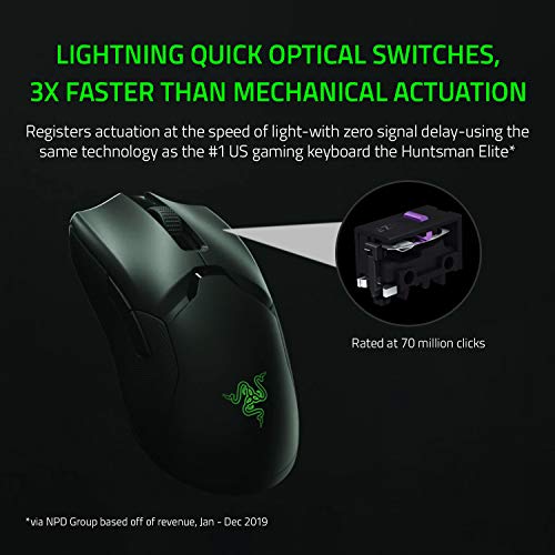 Razer Viper Ultimate Lightest Wireless Gaming Mouse: Fastest Gaming Switches - 20K DPI Optical Sensor - Chroma Lighting - 8 Programmable Buttons - 70 Hr Battery - Classic Black
