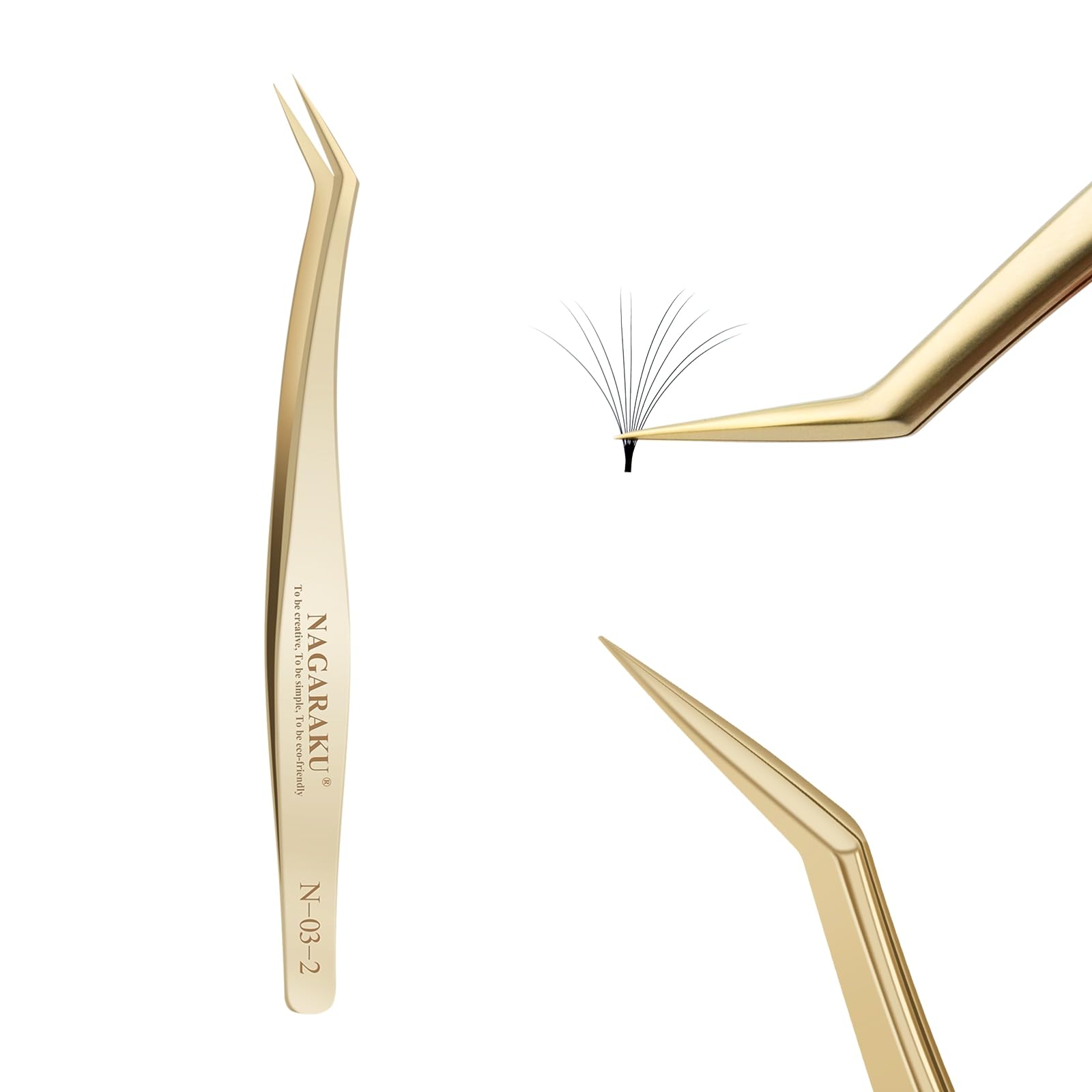 NAGARAKU Tweezers for Eyelash Extensions Gold Long tip Curved Professional for Volume Cluster Easy Fanning lash Light Stainless Steel Precision (N-03-2)