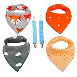Baby Bandana Drool Bibs and Pacifier Clips Set by SMYLLS, Set of 6, Soft and Durable 100% Cotton Material for Infant Girl Boy (8.7"X7.3", Style C)