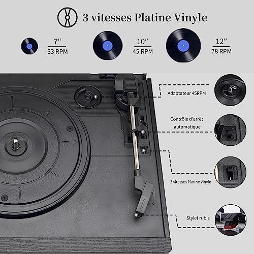 JORLAI 9 in 1 3 Speed Turntable with Remote Control, Bluetooth Vinyl Turntable with Built-in Speakers CD/Cassette Radio AM/FM USB/SD/MMC 3.5mm Aux-in/RCA-Out, Black