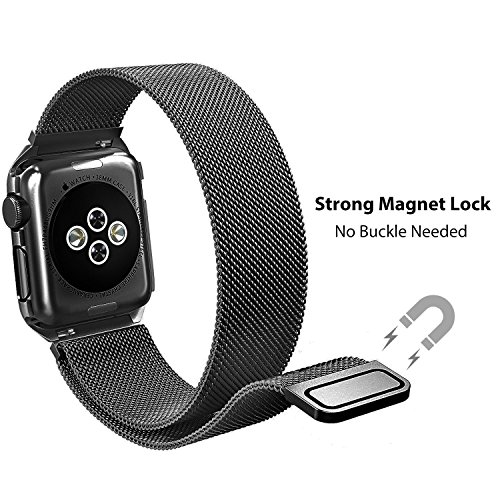Apple Watch Band with Metal Case 38mm, Shockproof Protective Screen Bumper w Anti-scratch Soft Rubber Lining, Milanese Loop Magnetic Mesh Stainless Steel for iWatch Sport & Edition - Black