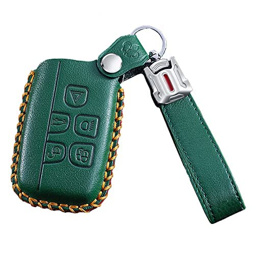 ontto Leather Car Key Fob Cover Keyring fit for Land Rover Defender Discovery Evoque LR4 fit for Range Rover Sport fit for Jaguar accessories Remote Key Case Shell Holder keychain Protector Green A