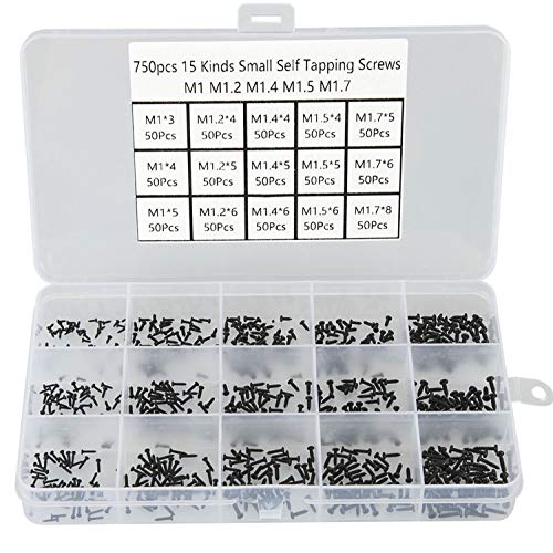 HanTof 750pcs 15 Kinds M1 M1.2 M1.4 M1.5 M1.7 Phillips Rounded Head Small Self Tapping Screws,Micro Screws,Tiny Screws Assortment Kit-(Black)