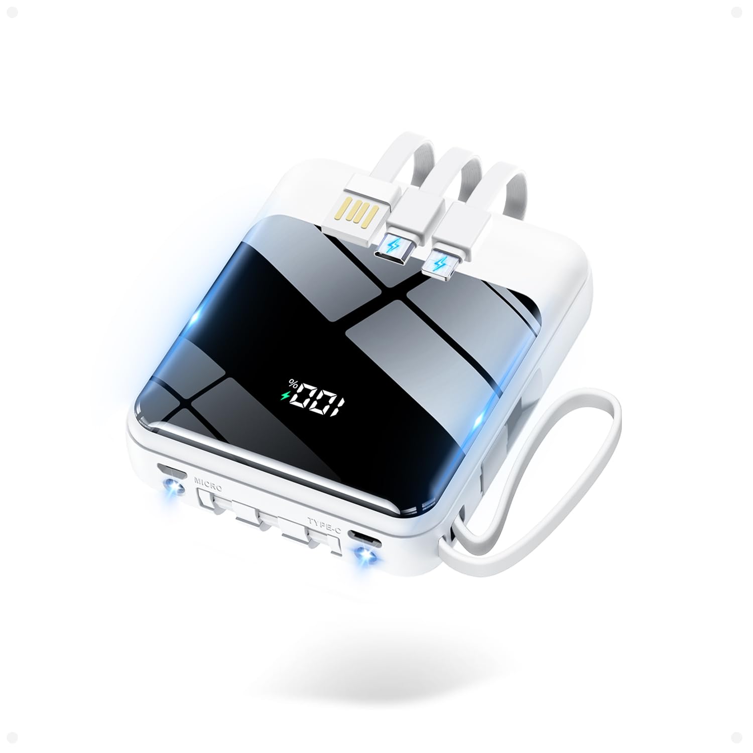 モバイルバッテリー 大容量 30000mAh 【22.5W/20W急速充電 4本ケーブル内蔵】 209g超軽量 小型 バッテリー 5台同時充電 Type-C出力 スマホ 充電器 LCD残量表示 LEDライト付き ストラップ付き 持ち運び 携帯充電器 停電対策 アウトドア/旅行/出張/防災/緊急