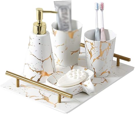 Amazon Zt Tthg ゴールデンマーブルウォッシュセット バスルームデコレーショントレイ セット 歯ブラシカップ ソープボックス 歯ブラシホルダー セラミック4ピースセット プラチナトレイ 歯ブラシスタンド ホーム キッチン オンライン通販