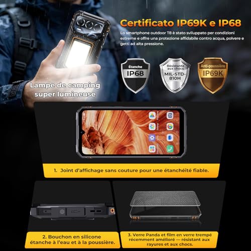 HOTWAV T8 Unbreakable Android Phone 16, 12GB+64GB/TF 2TB, 6200mAh 20W, 20MP+5MP, 6.74" HD+ 120Hz Portable Smartphone, Camping Lamp/IP68&IP69K+MIL-STD-81OH/Gemini AI/NFC/GPS/Dual SIM