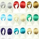 TLT Short Hair Wig 11'' 28cm Straight Oblique Bangs Short Bob Hair Candy Color Cosplay Wigs Natural As Real Hair+ Free Wig Cap BU029V