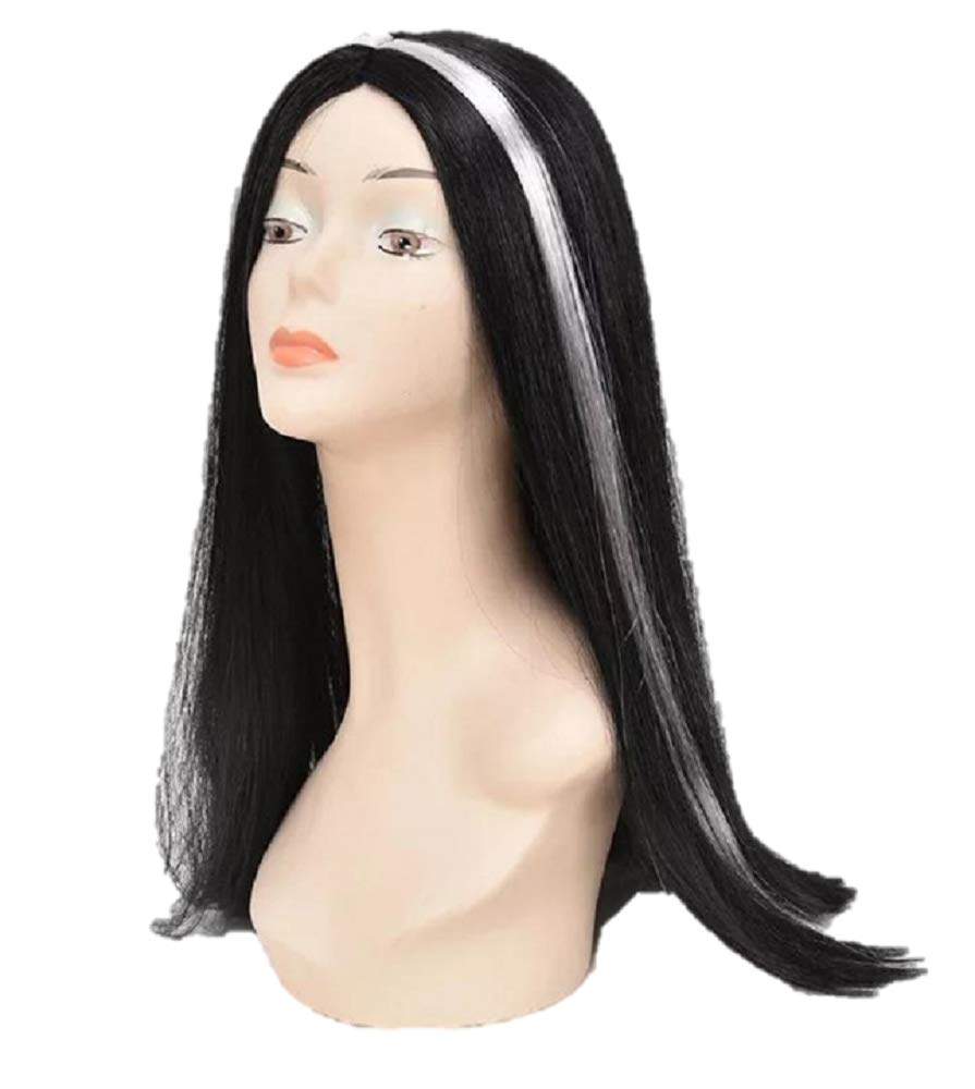 Matissa Women's Long Black Straight Synthetic Wig with White Highlights