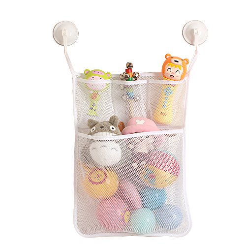 Mesh bath toy organizer with 4x pockets 2x strong hooke…