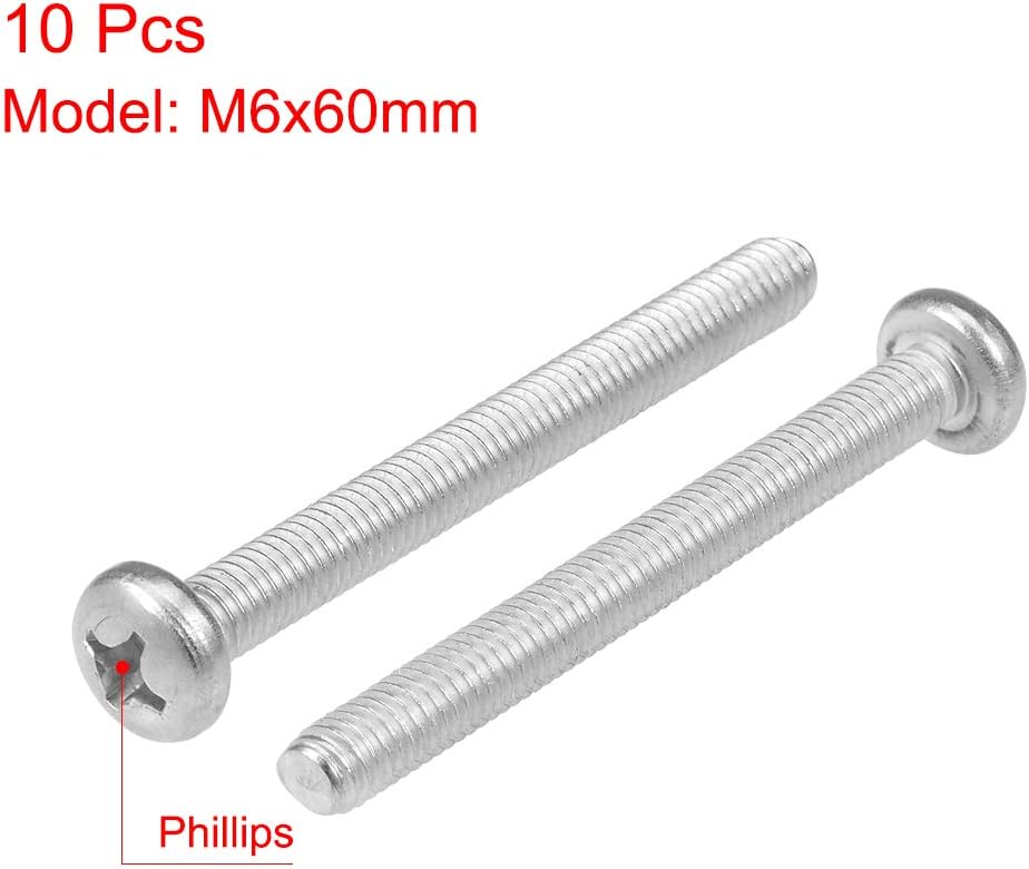 sourcing map M6x60mm Machine Screws Pan Phillips Cross Head Screw 304 Stainless Steel Fasteners Bolts 10Pcs - Image 3