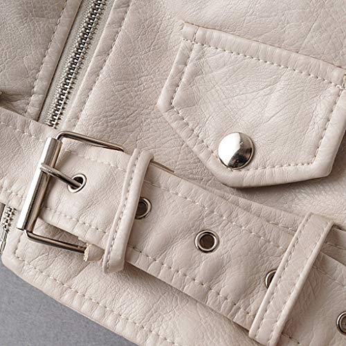 Sunhusing Ladies Fall Solid Color Long-Sleeve Multi-Zipper Pocket Lapel Jacket Button Belt Buckle Short Coat White