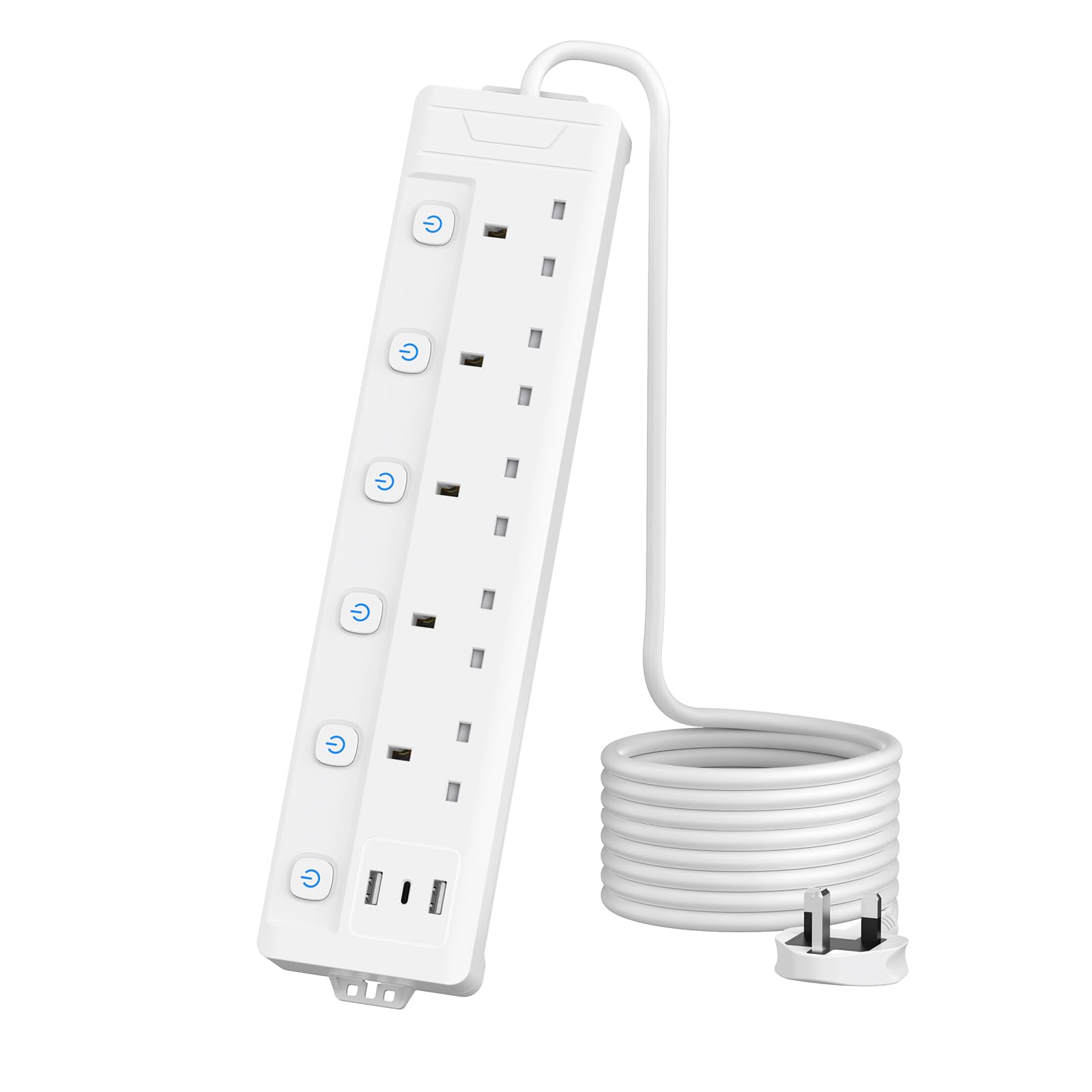 4M Extension Lead 5 Way with 3 USB Slots (2 USB-A,1 USB-C), Individually Switched Extension Lead with USB Slots, White 4 Metre Extension Cable, For Home Dorm Office