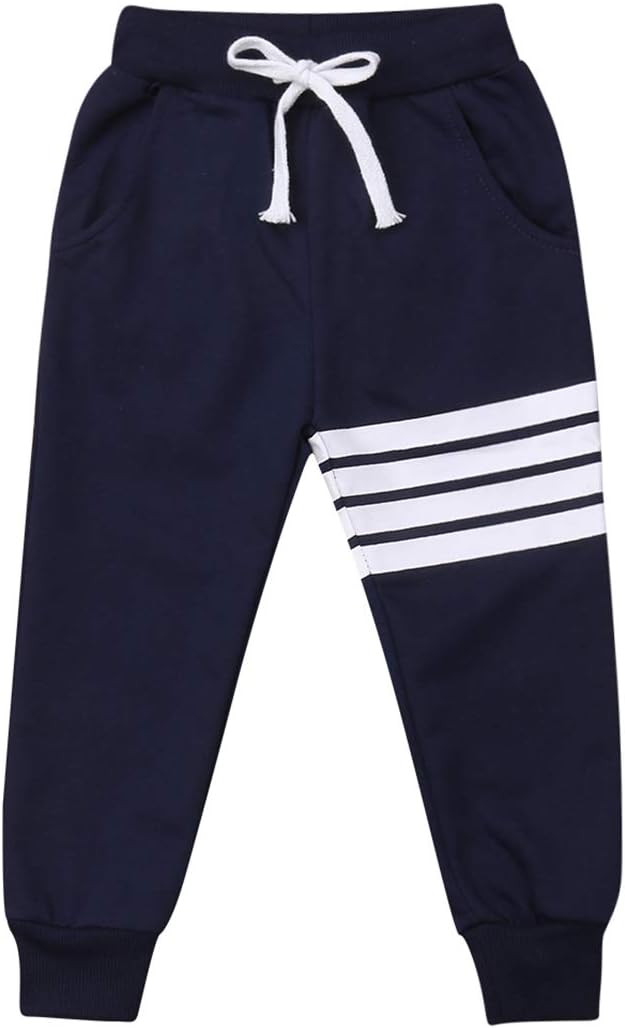Baby Boys Girls Cotton Elastic Waist Sports Pants White Strips Print Unisex Baby Casual Active Sweatpants Trousers Bottoms