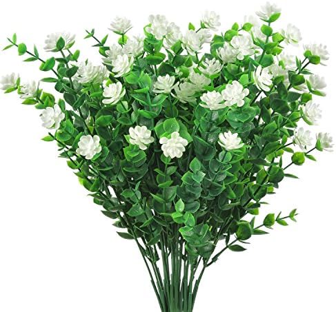 Livissima 4pcs Plastic Artificial Greenery Shrubs with Flowers for Decorating Home Kitchen Office Garden Veranda and Yard (White)