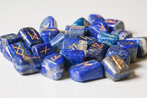 Lapis Lazuli Rune Stone Set with Engraved Futhark Alphabet and Velvet Pouch by The Goddess Menagerie