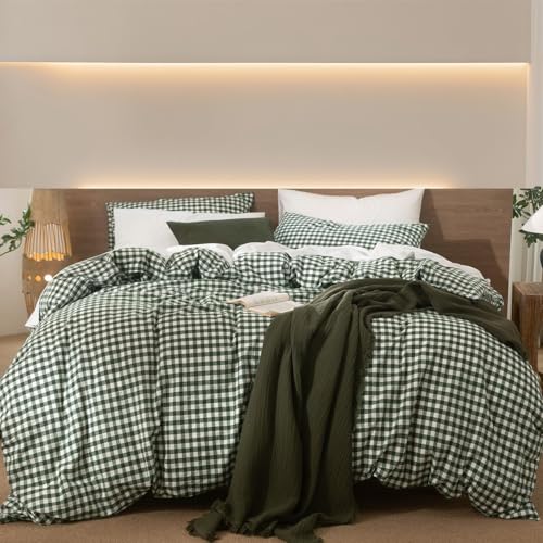 Lanqinglv Bettwäsche 155x220 Baumwolle Kariert Grün Weiß,Renforce Baumwolle Bettwäsche Set mit Reißverschluss,ÖKO-TEX Bettwäsche Gitter für Allergiker Geeignet,