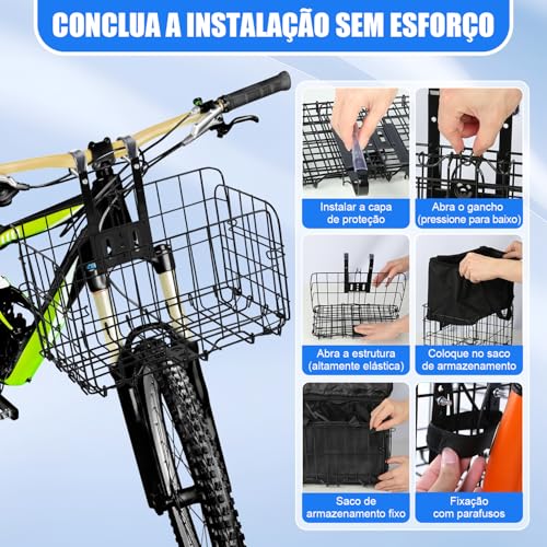 Cesta de Bicicleta Frontal Dobrável, Estrutura de Ferro, Tecido Oxford, Preta, Compatível com Bicicletas Adultas