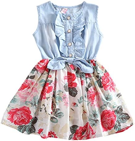 Gaundiif Little Girls Dresses Sleeveless Denim Floral Print Skirt Princess Dress 5-6 Years White A