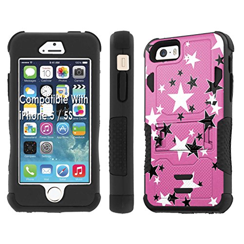 iPhone 5 / 5S Case, [NakedShield] [Black/Black] Combat Tough SHOCK PROOF with KICKStand + [Screen Protector] - [Pink Stars] for iPhone 5 / 5S