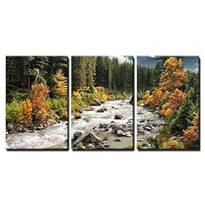 3 Piece Canvas Wall Art - Beautiful Colorful Landscape with a Stream and Forest in Autumn Colors - Modern Home Art Stretched and Framed Ready to Hang - 16"x24"x3 Panels