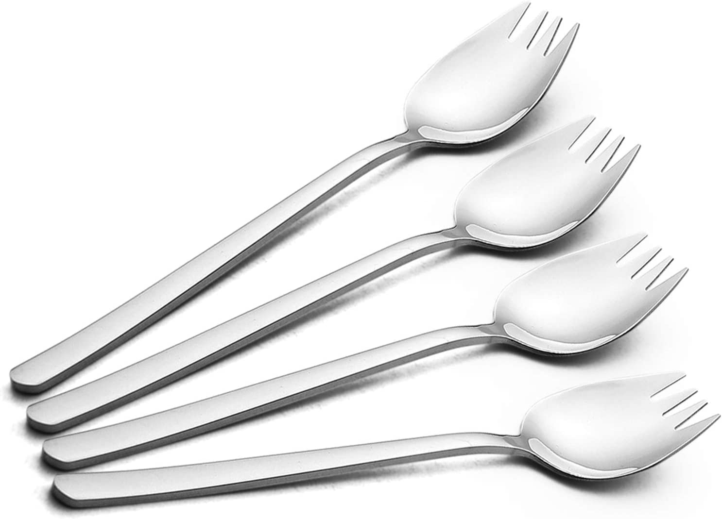 YFWOOD Sporks Salad Spoons Set of 4 18/10 Stainless Steel Long Salad Spoons, Fruit Desserts, Rice Noodle Forks, Multifunctional Spoons and Forks