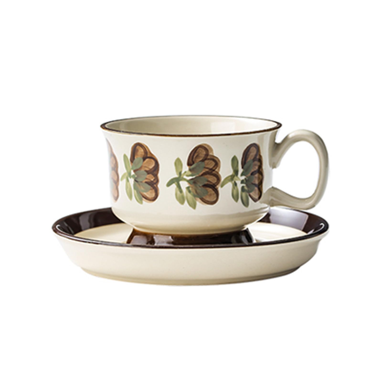 Soulnioi Ceramic Coffee Mug, Retro Cappuccino Cup and Saucer Set, 220ML Handpainting Floral Tea Cup Milk Cup for Gift - Brown