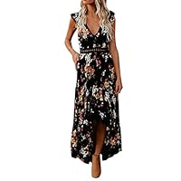 JESPER Womens Boho Long Maxi Dress Ladies V Neck Floral Casual Beach Party Wedding Guest Dress (Black, 4/6)