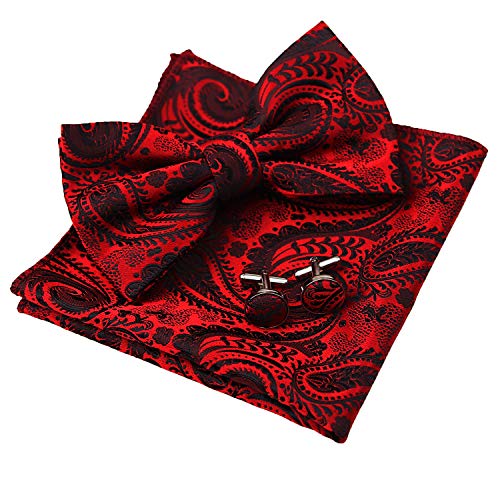 Alizeal Mens Paisley Pre-tied Bow Tie, Pocket Square and Cufflinks Set, Wine Red